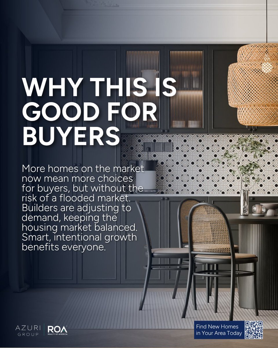AzuriRealty's tweet photo. Seeing new homes everywhere? Don’t worry—builders aren’t overdoing it. They’re slowing down, adjusting to demand, and keeping the market balanced. More options for buyers, but without the chaos of 2008. Connect with a local agent to see what’s happening in your neighborhood! 🏡 https://t.co/RjYplEf15A