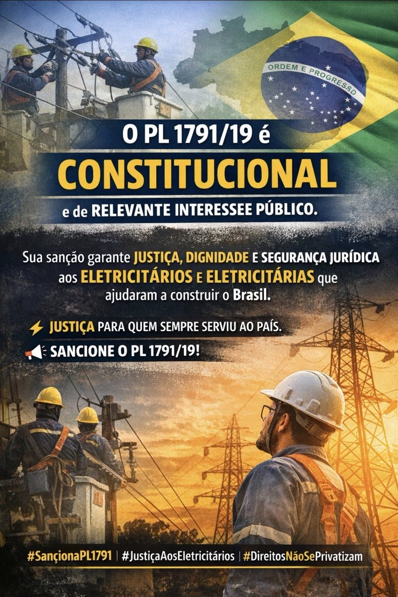 Pedrokva's tweet photo. @LulaOficial Presidente, precisamos de sua ajuda para corrigir a grande perda que os trabalhadores sofreram com a privatização da Eletrobras. O prazo pra sancionar o PL n⁰ 1791/19 é dia 29/12/25. Contamos com sua ajuda!
SANCIONE O PL n⁰ 1791/19. https://t.co/2eG0dB7pky