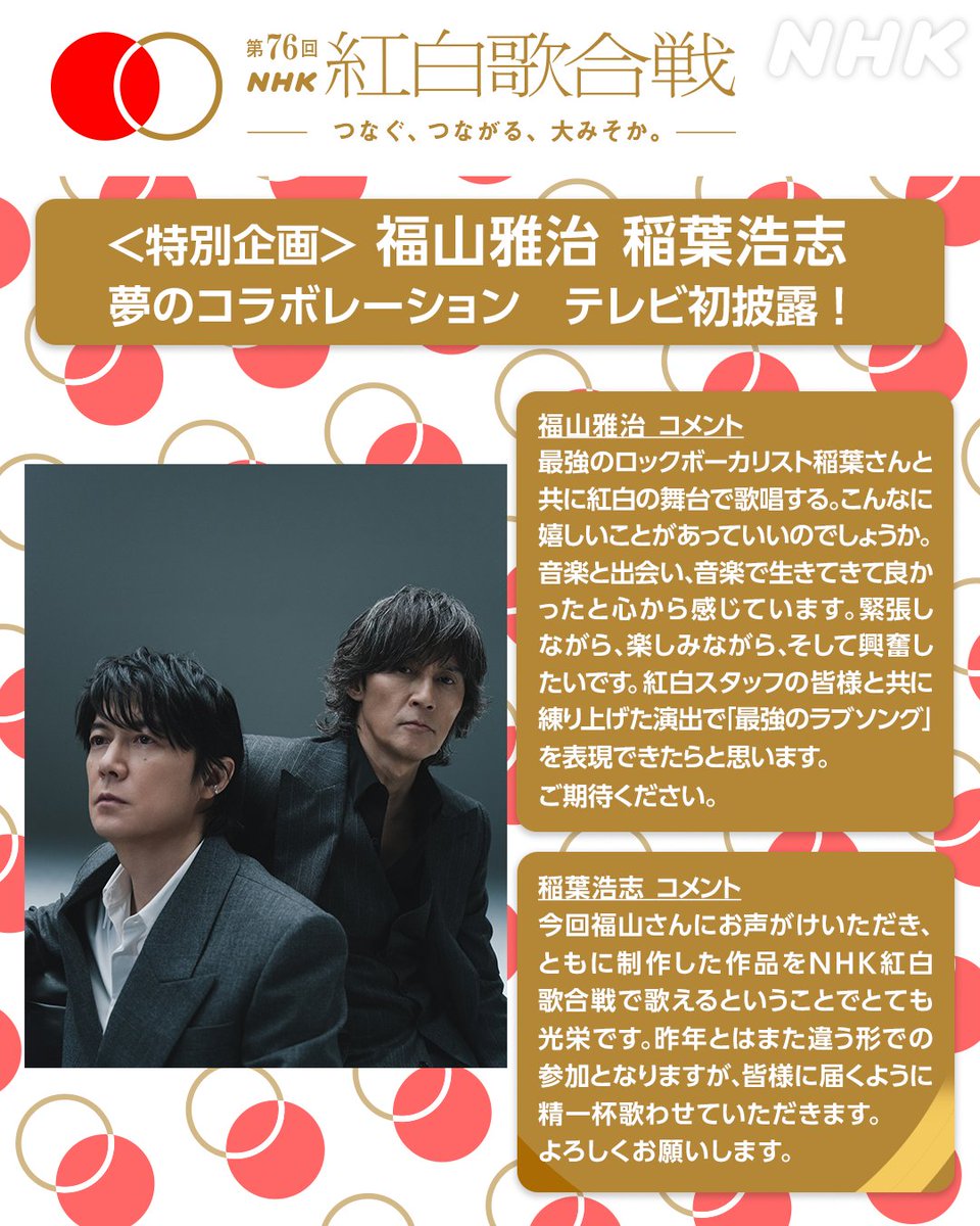 🔴第76回 #NHK紅白 ⚪️

＜特別企画＞
#福山雅治 #稲葉浩志
夢のコラボレーション テレビ初披露✨

作詞は稲葉さん 作曲は福山さんが手がけ
映画の主題歌としても大きな話題を呼んでいる
🎵福山雅治「木星feat.稲葉浩志」

紅白だけの貴重なパフォーマンス
ご期待ください💫

nhk.or.jp/kouhaku/topics…