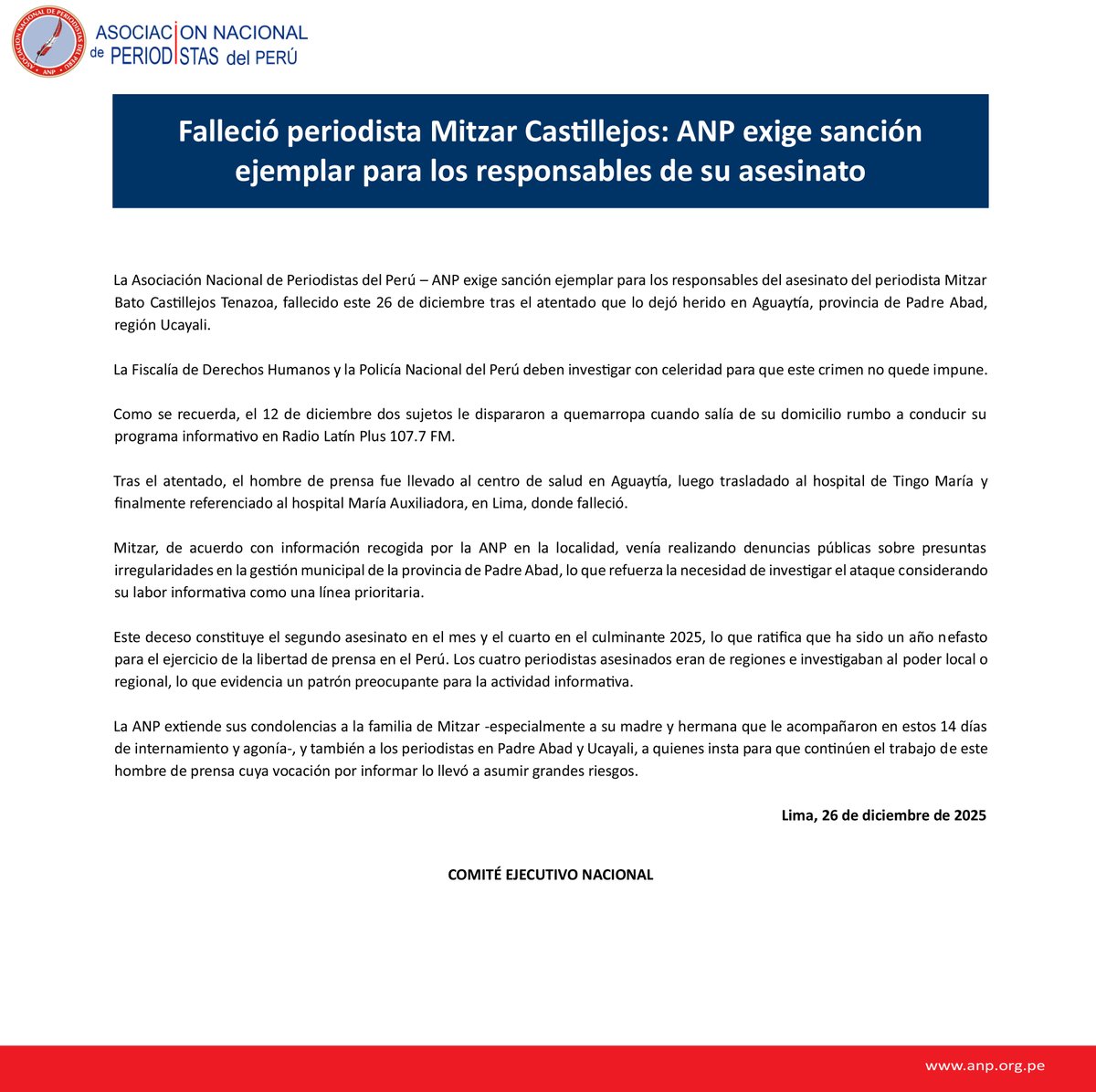 ANP_periodistas's tweet image. La @ANP_periodistas exige sanción ejemplar para responsables de asesinato de Mitzar Castillejos, fallecido este 26dic tras atentado que lo dejó herido en Aguaytía

@FiscaliaPeru y @PoliciaPeru deben investigar con celeridad para que crimen no quede impune

acortar.link/f6Vy47