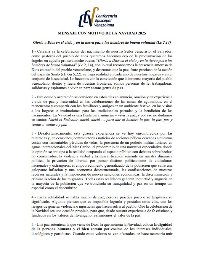 melania0880's tweet image. La Conferencia Episcopal habló.
Y cuando la Iglesia habla, conviene leer qué dice… y qué no dice.

Habla de paz.
Pero evita nombrar al principal fabricante de violencia en Venezuela.

Habla de angustia.
Pero no señala a quienes la producen desde el poder, con cárcel, hambre y…