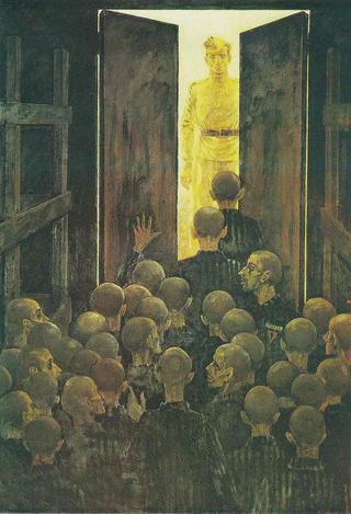 tnega74's tweet image. Soviet Belarusian painting (1987) showing a Red Army solider liberating a concentration camp. Artist: Mikhail Savitsky.