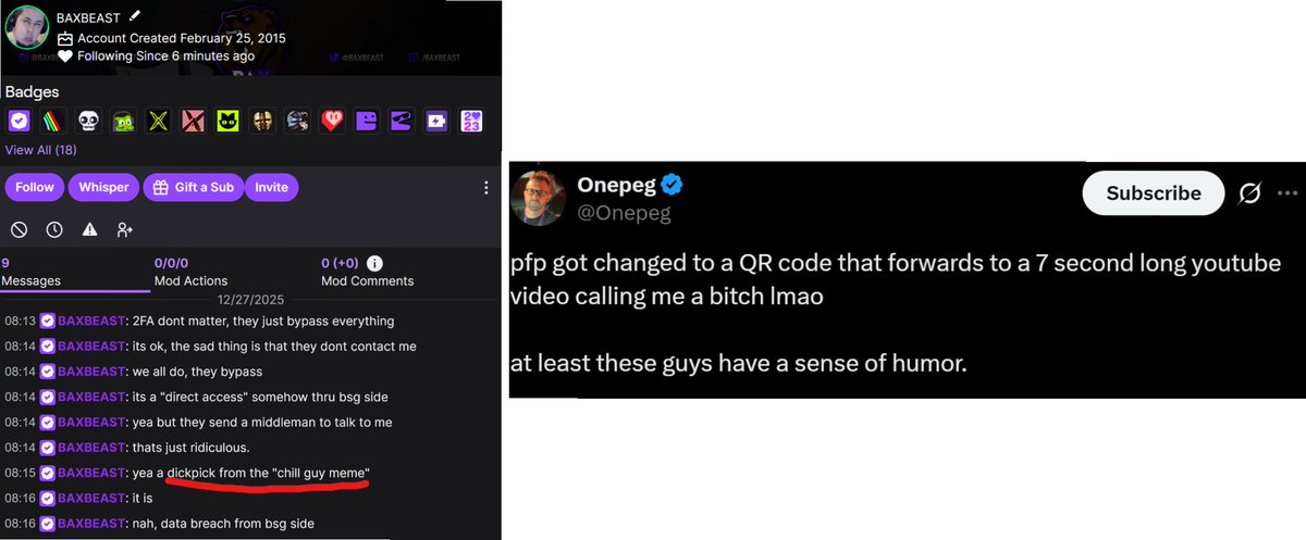VeryBadSCAVR's tweet image. Apparently, there was Multiple streamers 
(@Onepeg , @DrLupo , @BAXBEAST , @LogicaISoIution , @insanesqt)
&amp;amp; some gamers with 2FA, had their account reset (image 1).
Not only that their PFP was changed into personal insult, etc. (especially streamers - image 2) #EscapefromTarkov…
