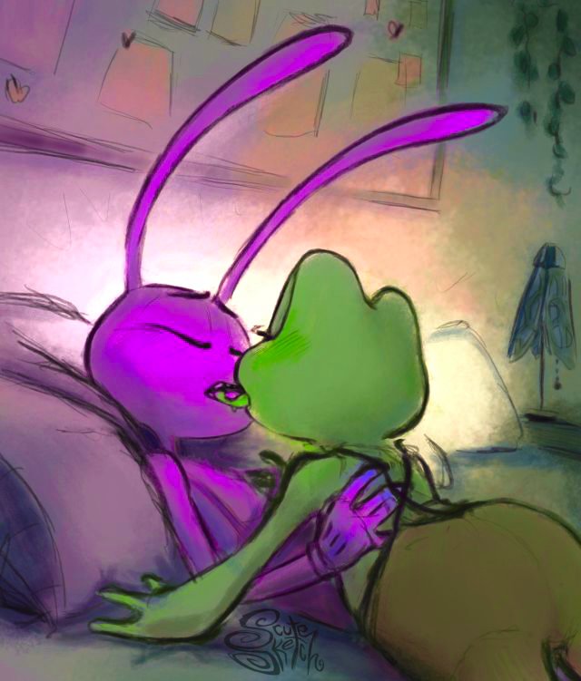 DlGlTALBUNNY's tweet image. ㅤ ㅤ " ... Close enough. "

 ㅤ ㅤ Daisy would rotate her head until Ribbit's tongue met her lips, then proceeds to engulf it into her mouth before the two would share a heartwarming kiss.