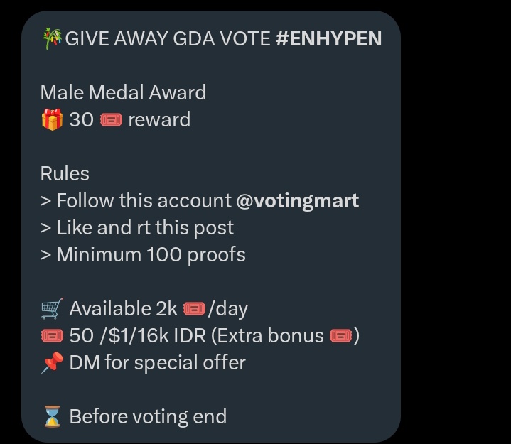🎋GIVE AWAY GDA VOTE #ENHYPEN

Male Medal Award
🎁 30 🎟️ reward

Rules
> Follow this account <a href="/votingmart/">SELL KPOP VOTES</a> 
> Like and rt this post
> Minimum 100 proofs

🛒 Available 2k 🎟️/day
🎟️ 50 /$1/16k IDR (Extra bonus 🎟️)
📌 DM for special offer

⌛ Before voting end