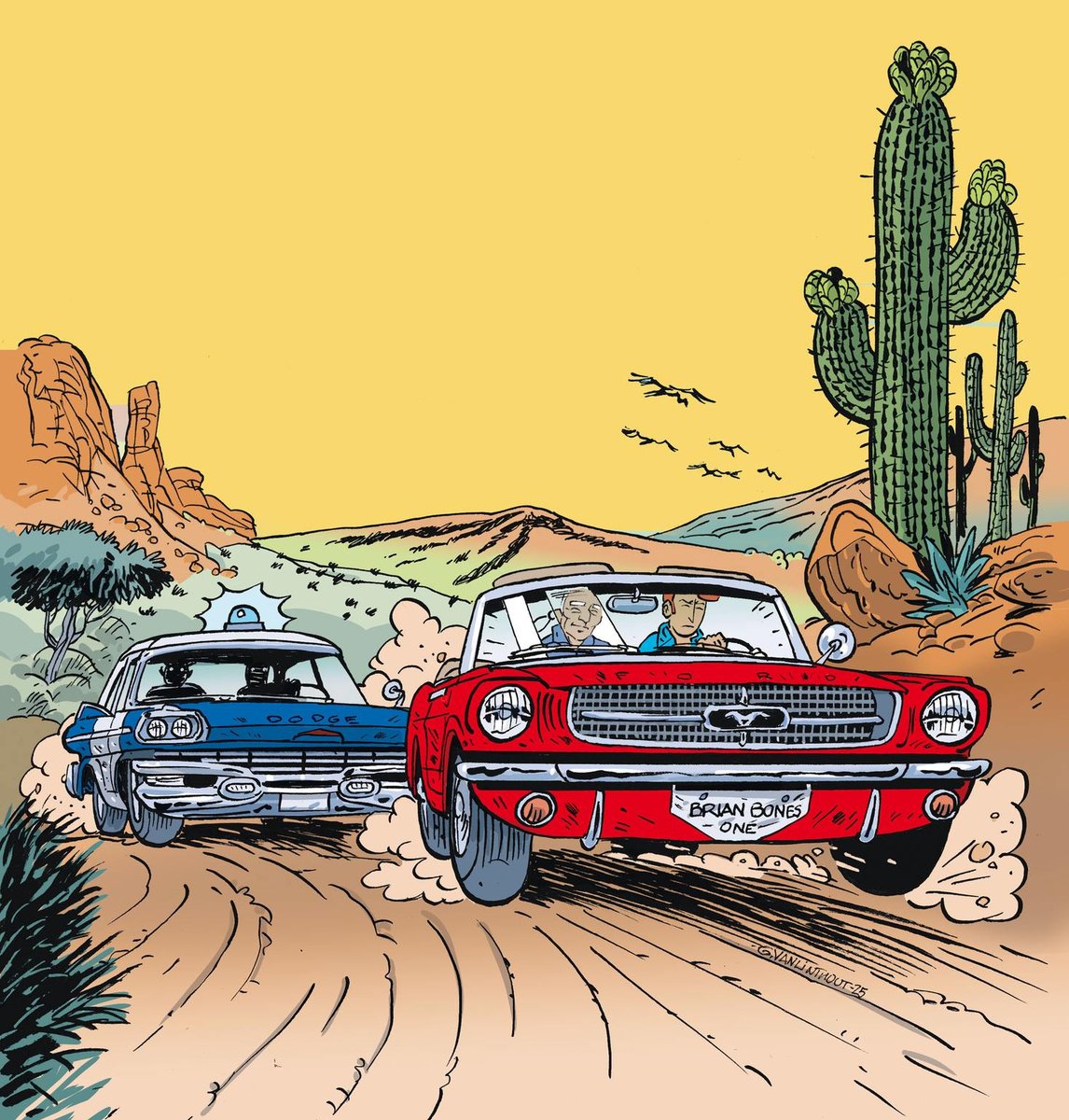 stripland_BENL's tweet photo. Het zesde verhaal van #BrianBones is in aantocht. Deze tekening maakte #GeorgesVanLinthout voor het magazine Le #Mustang Club de France, waarin dit zal aangekondigd worden. Weldra volgt de cover voor het album zelf. We mogen dit avontuur bij #SilvesterStrips verwachten. #Rodolphe https://t.co/utgp9FsjkT