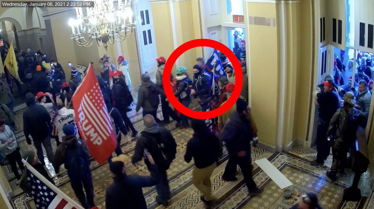 FedsOfJ6's tweet photo. HUGE: He walked in the building with his face covered carrying a Trump flag. https://t.co/uL00EzcXtm