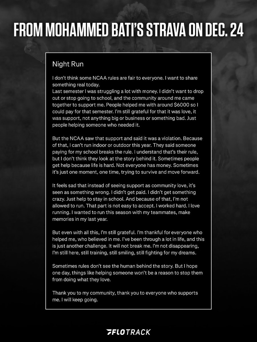 FloTrack's tweet image. 2x NCAA Division III Cross-Country Runner-Up and 2:12 Marathon debutant (CIM), Mohammed Bati of Augsburg was ruled ineligible by the NCAA for accepting financial help from the local community 🚨 

From @MarathonHB, who broke the news earlier of Bati on Instagram — in summary,…