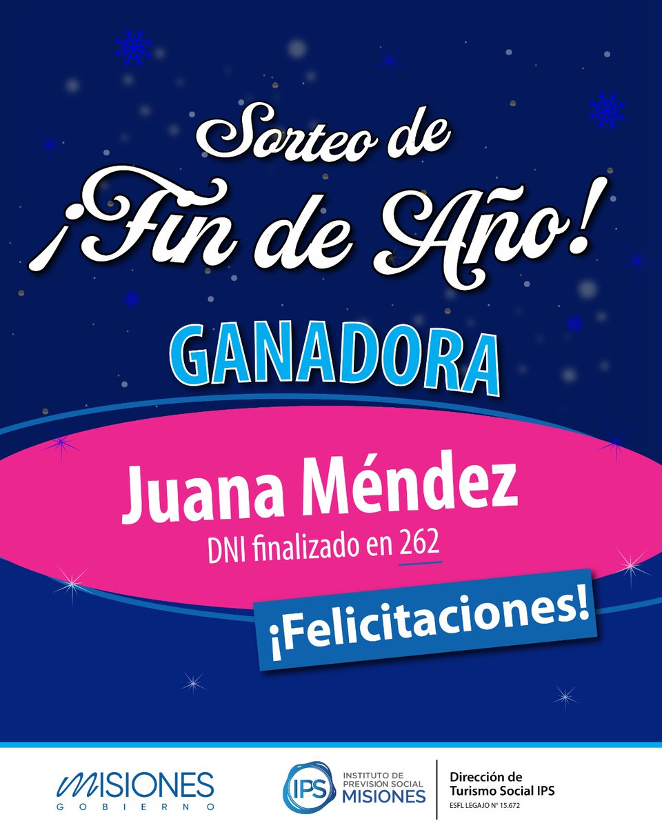 🎊🏆Juana Méndez (DNI finalizado en  262) es la ganadora de la estadía para dos personas en el Hotel Ñamandú Guazú o en el Bagu Urbano, con desayuno incluido 👏. 
💙 Felicitaciones y gracias por seguirnos en las redes sociales del IPSMisiones! 

Gestión Dr. <a href="/LisandroBenmaor/">Lisandro Benmaor</a>