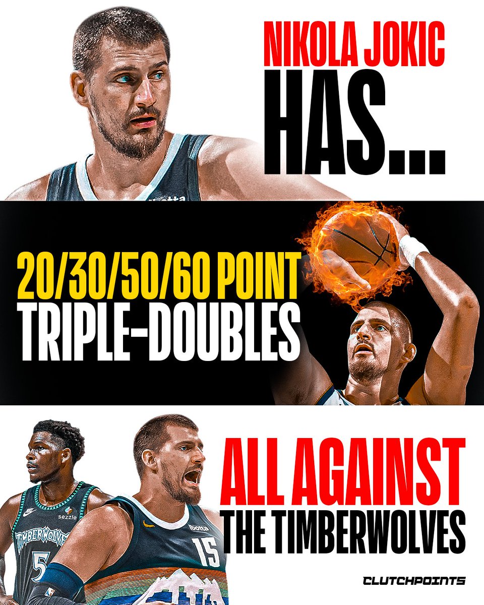 ClutchPoints's tweet image. There is owning a matchup, and then there is what Nikola Jokic is doing to the Minnesota Timberwolves.

The three-time MVP has turned every showdown with the Wolves into his own personal record-breaking playground.

The level of dominance is truly one-of-one. Jokic has now…