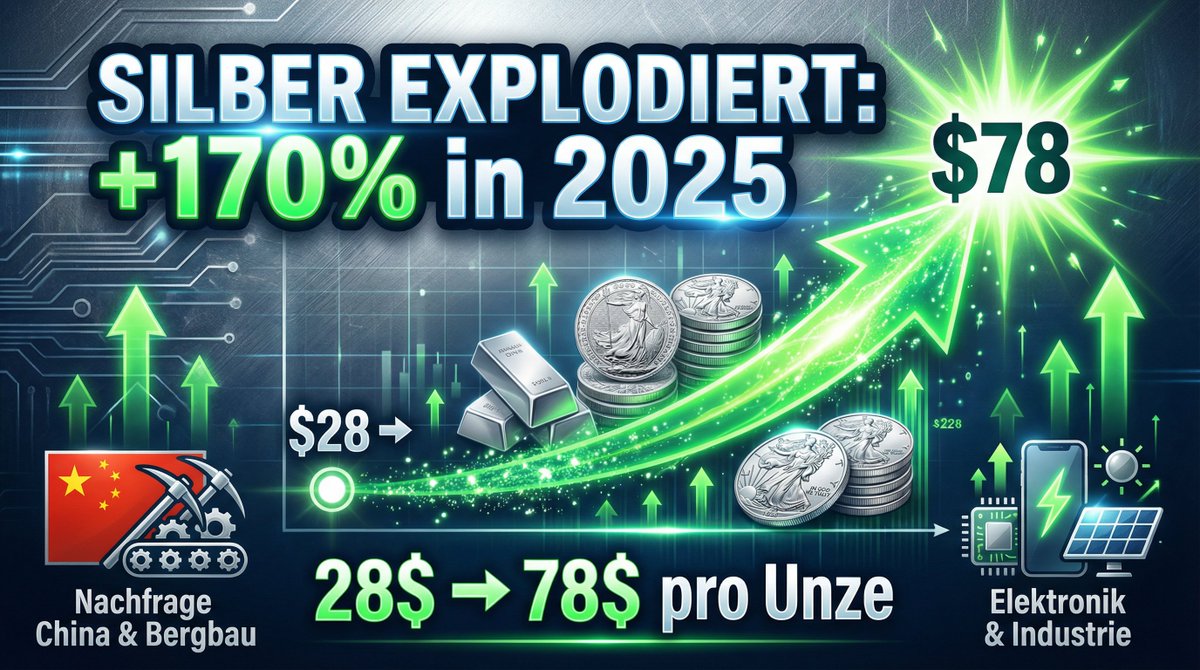 Silber schießt durch die Decke – und das sind die Gründe 🚀

Silber ist heute um ca. 10 % nach oben geschossen. 📈

Seit Anfang des Jahres liegt der Anstieg sogar bei über +170 % – der Preis ist von 28 auf 78 US-Dollar pro Unze geklettert. 🔥

Das bedeutet: +50 Dollar Gewinn in
