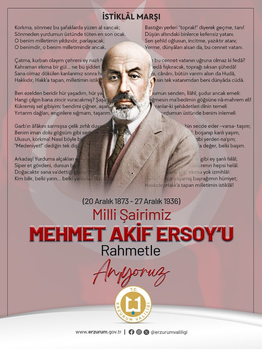 🇹🇷 İstiklal Mücadelemizin sesi Milli Şairimiz Mehmet Akif Ersoy’u vefatının yıl dönümünde rahmet, minnet ve saygıyla anıyoruz.