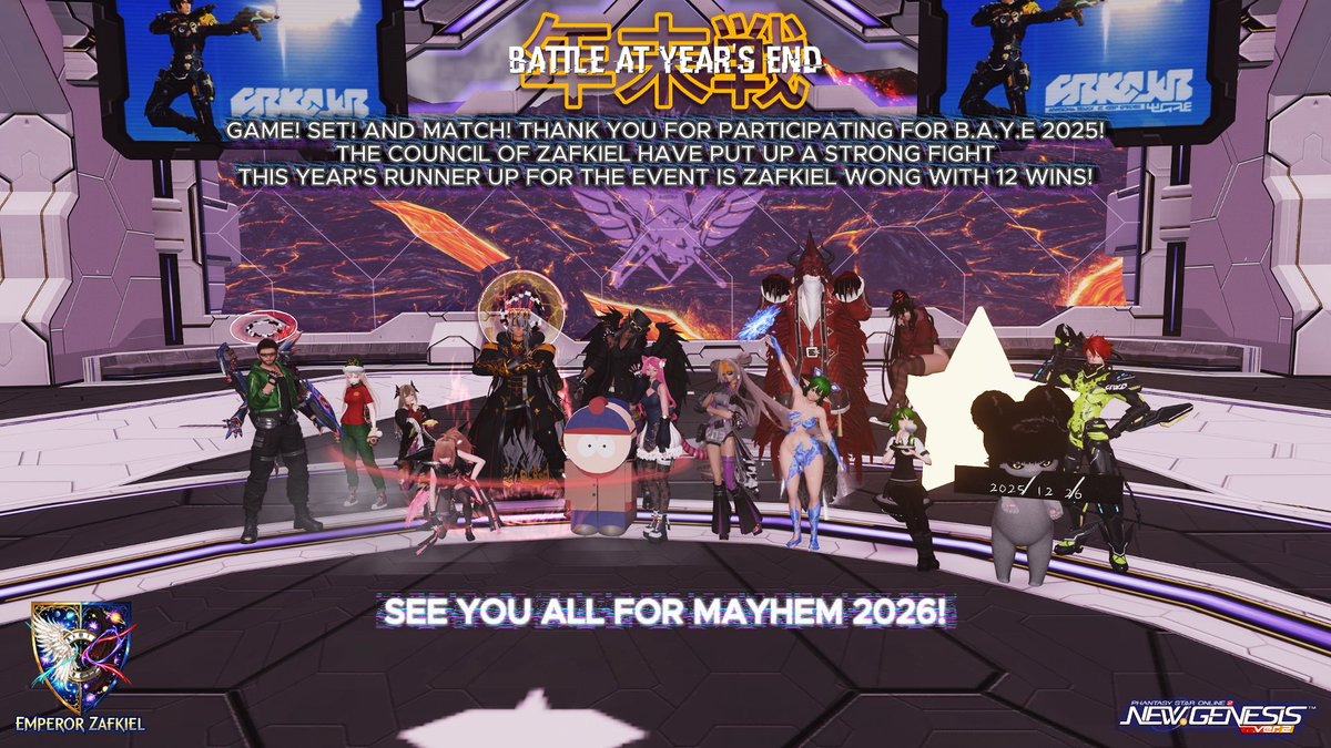 EmperorZafkiel's tweet photo. Final round of Battle At Year's End is over! 

The Council of Zafkiel fought hard this year! Zafkiel Wong was giving the Champion a run for her money being right on her heels! 

But to all that participated in this event! Thank you! 
Now to Mayhem! https://t.co/4H8p1ySr4Q