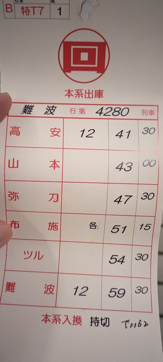 近鉄大阪難波駅 例の「運転スタフ表」 300円也の釣果(画像の分1枚のみ