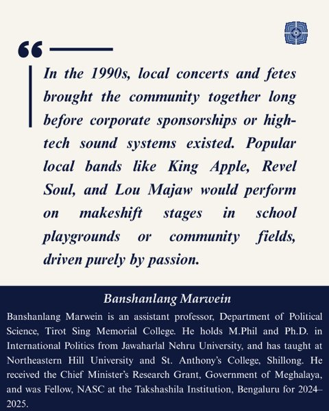 IndiasWorld_mag's tweet photo. Reforming India's Defense Industry | Vol 1| ISSUE 6: Concerts in Abode of Clouds: The rise of Shillong as an Epicentre for International Concerts by @Banshantweets

" In the 1990s, the local concerts and fetes brought the community together long before corporate sponsorships or high-tech sound systems existed. Popular local bands like King Apple, Revel Soul, and Lou Majaw would perform on makeshift stages in school playgrounds or community fields, driven purely by passion." --Banshanlang Marwein

The author traces Shillong’s emergence as a global live-music hub, which is not incidental but rooted in a long-standing cultural ecosystem shaped by history, community, and grassroots creativity. Sustained state investment, global exposure, and local musical traditions have transformed music from a passion into an economic and cultural force, one that  now demands careful, sustainable governance to balance growth with identity.

To read the full article visit our website at https://t.co/GLpDmwE6d0

#Shillong#livemusic#concert economy#IndiasWorld
