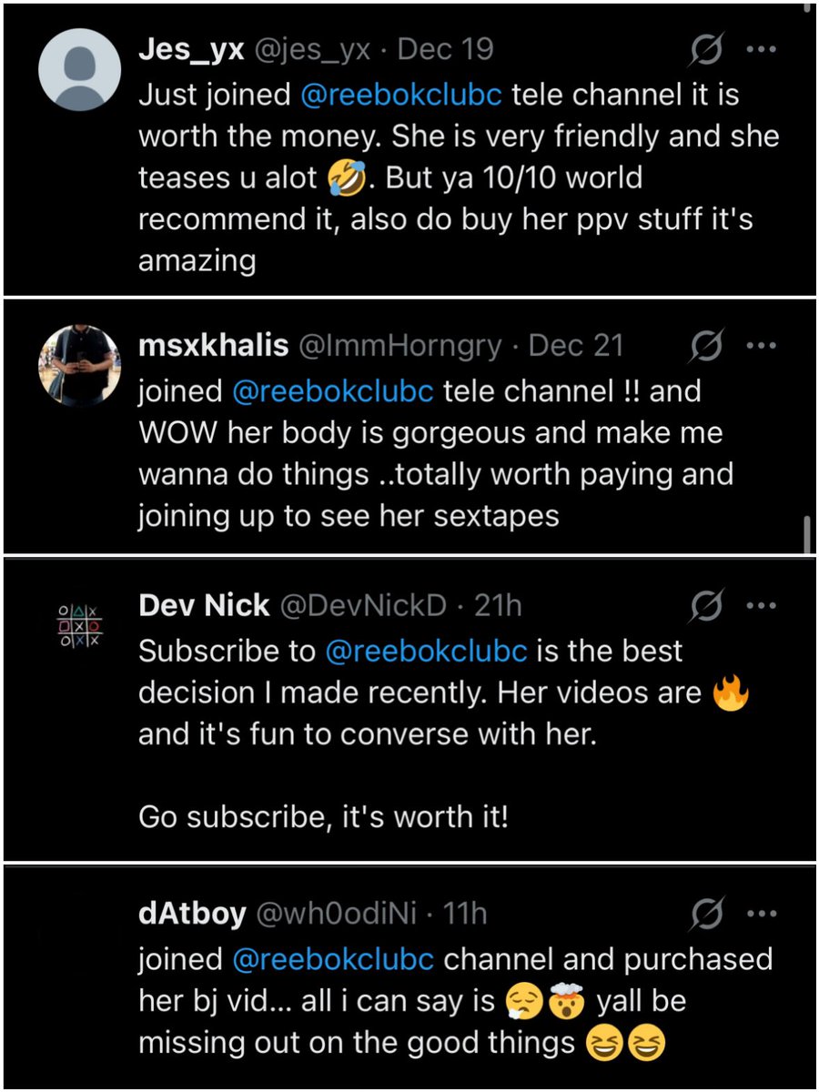 reebokclubc's tweet photo. my tele channel has only been up for about a month and i have all these nice reviews, why are you not joining yet? https://t.co/AraRea0mhA