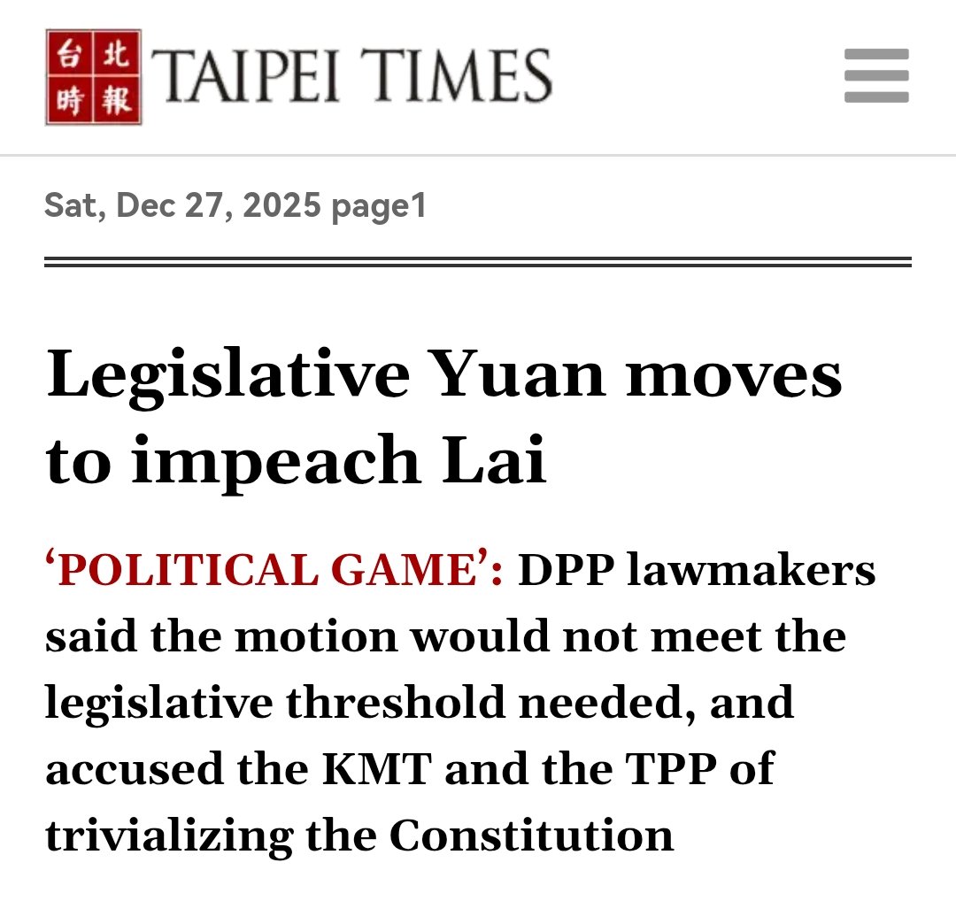 LAURENTMICHEL0N's tweet photo. Le PDP, parti minoritaire (40% des sièges au Parlement) au pouvoir depuis 2024, vient d'essuyer un autre revers: le Yuan législatif (parlement) vient de voter une motion visant à engager une procédure de destitution de Lai Qingde 賴清德, le représentant du gouvernement de l'île.
Il est accusé par les partis d'opposition, le KMT et le TPP, de saper l'ordre consitutionnel et démocratique de Taïwan.

Le PDP, dont j'ai rencontré de nombreux cadres et dirigeants de la première heure, avec qui j'ai pu échanger longuement, ne peut plus endiguer la vague de prise de conscience de la population, et de la jeunesse en particulier (qui lui a été longtemps acquise).

L'ineptitude et la corruption de nombreux cadres du PDP, à tous les échelons de l'administration, ont été de notoriété publique depuis sa première prise de pouvoir en 2000.
Mais depuis 2016 vient s'ajouter la trahison de sa plateforme politique originelle, qui était l'indépendance de Taïwan vis-à-vis de la République populaire de Chine.

Aujourd'hui, même  les séparatistes les moins éduqués s'inquiètent de la mise sous tutelle de #Taïwan pour le bénéfice de puissances étrangères : main mise sur TSMC, prêt-bail (endettement) plus ou moins forcé pour l'achat d'armes, intégration de l'île dans un système de militarisation du Pacifique tourné contre la Chine, censure et interdiction des médias taïwanais opposés à cette fuite en avant, infestation de l'île d'ONG et agents étrangers de toute sorte, etc.

En fait d'indépendance, le PDP a choisi pour le peuple taïwanais une vassalisation à l'Occident, tout en dénonçant les dangers d'une vassalisation à la #Chine.

L'heure des comptes approche à grands pas.
