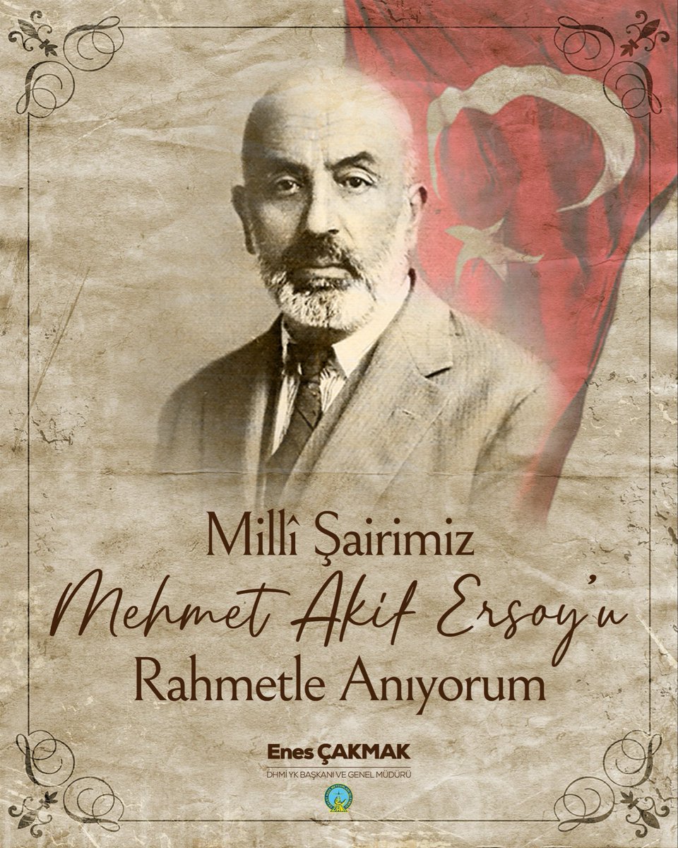 Ecdadımızın yedi düvele karşı verdiği istiklal ve istikbal mücadelesini ebedileştiren, kurtuluş destanımızı gönüllerimize nakşeden Millî Şairimiz Mehmet Akif Ersoy’u vefatının 89. yıl dönümünde rahmet ve minnetle anıyorum.