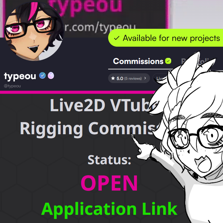 📌 Commission Info! 📌

I make VTubers move! I could even make YOUR VTuber move!!

🟢 VGen: vgen.co/typeou
🩸 Website: typeou.dev/comms
📝 Form: docs.google.com/forms/d/e/1FAI…