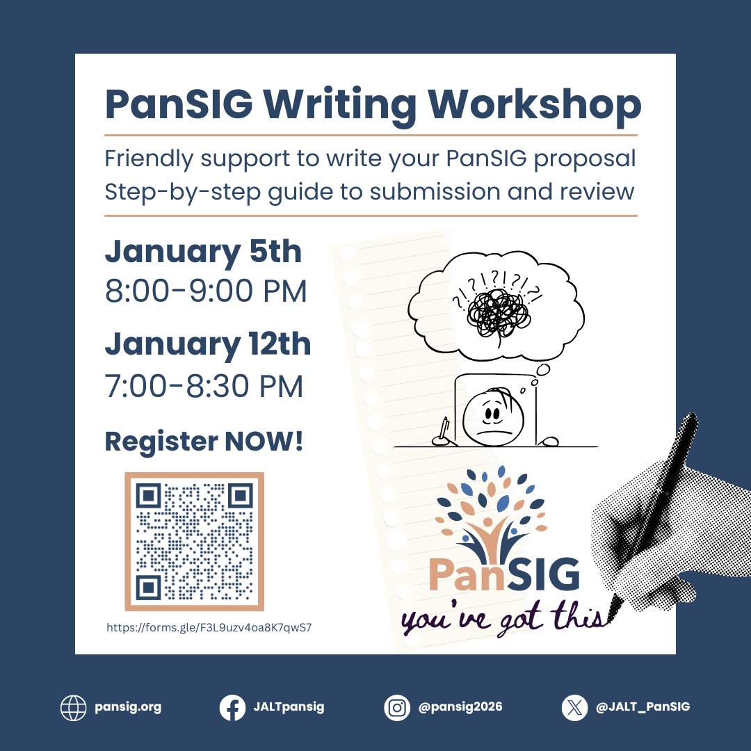 Dear all,
Need help with your PanSIG proposal? 
Join the PanSIG Writing Workshop and get friendly, step-by-step support to submit with confidence!

jalt.org/event/pansig-e…