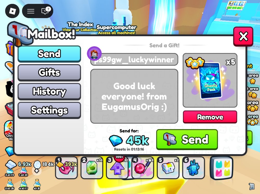 #PetSimulator99 GWs 5x Ghostly Pack - 1 winner.

- Follow <a href="/Ps99_Gws/">Pet Sim 99 Giveaways</a> and <a href="/EugamusOrig2/">EugamusOrig™</a>
- Like
- Retweet
- Comment W, username and tag friends

Picking a winner January 3rd #TweeterPicker

Note: Will extend another 24 hrs if less than 10 people 

Thank you.

It's me EugamusOrig :)