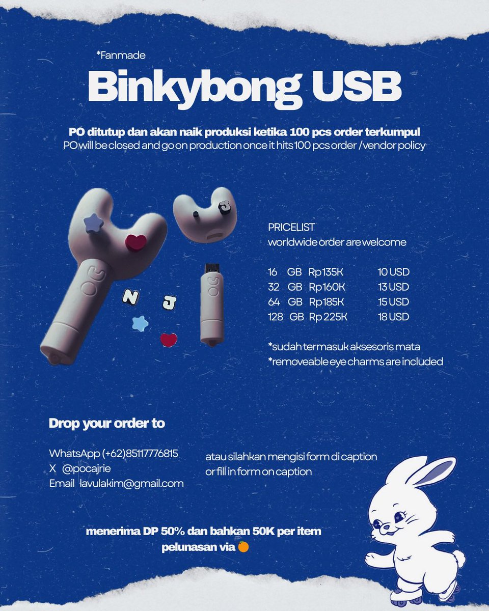 Haloo, aku ada fanmade project binkybong USB. Project ini sudah ditahap jadi sampel sejak 2023 lalu, aku butuh minimal 100 pcs order untuk naik produksi🙇🏻‍♀️
Jika kalian minat boleh hubungi kontak yang tertera di post atau bisa langsung isi form dibawah ya

forms.gle/eNL1Aw2pXG5ois…