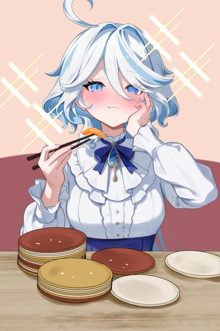 お寿司デートのフリちゃんは、まずこの絵(1枚目)を描いてからお店行って、同じ画角になるように撮影して後から人物だけ合成してます!あとはフリちゃんの落ち影とかライティング軽く調整して、食べてるネタをサーモン(クリスタ素材にある)からコラボメニューの鮪に描き直したら完成!