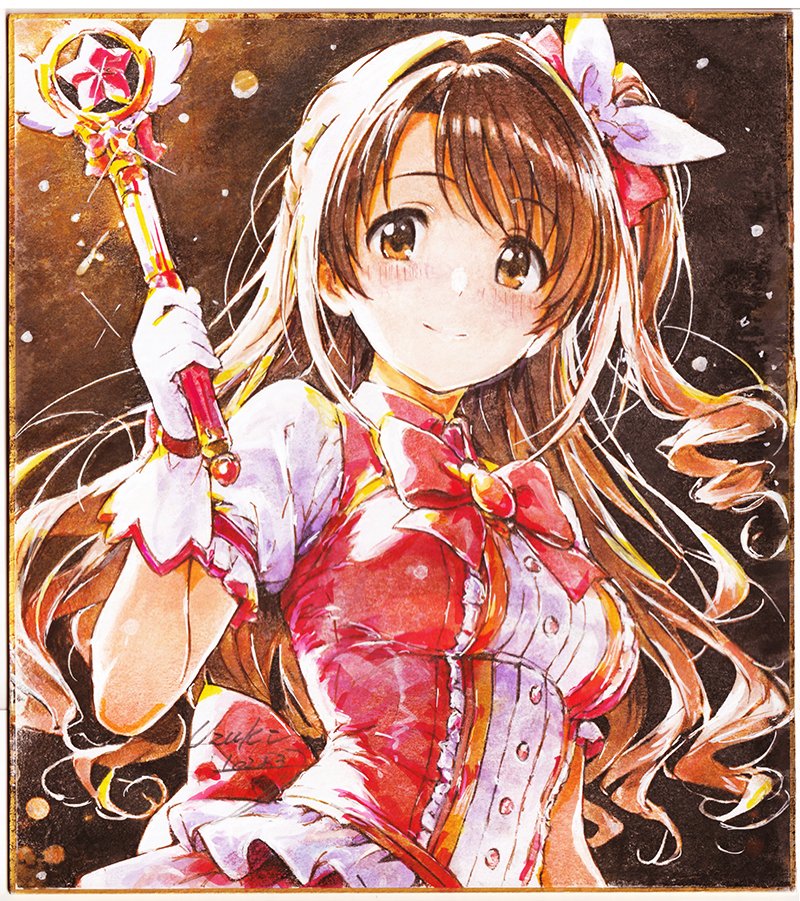 何度も心が折れそうになりながらも卯月ちゃんの直筆色紙ついに完成しました！ 今回はステージの逆光ライティングを意識して卯月ちゃんの“輝き”が一番きれいに見える瞬間を描き上げています
ひとつの魔法は「前向きな心を灯す希望の魔法」
 あなたに届きますように
＃島村卯月 ＃デレマス ＃色紙