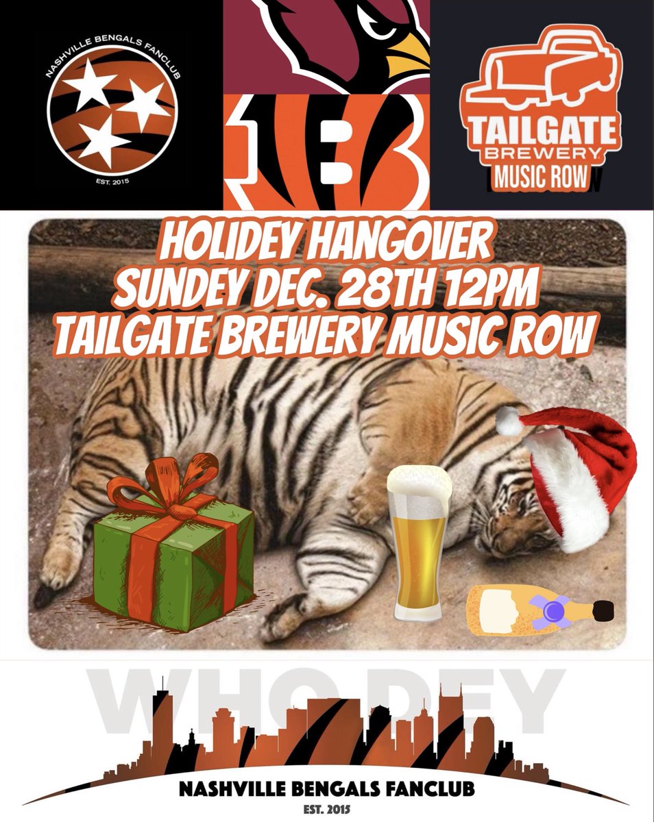 Join us for our Bengals HoliDey Hangover Watch party as we take on the Cardinals this SunDey at Tailgate Brewery Music Row! Who Dey! 🍻 🐅 <a href="/TGBMusicRow/">TailGateBeerMusicRow</a>