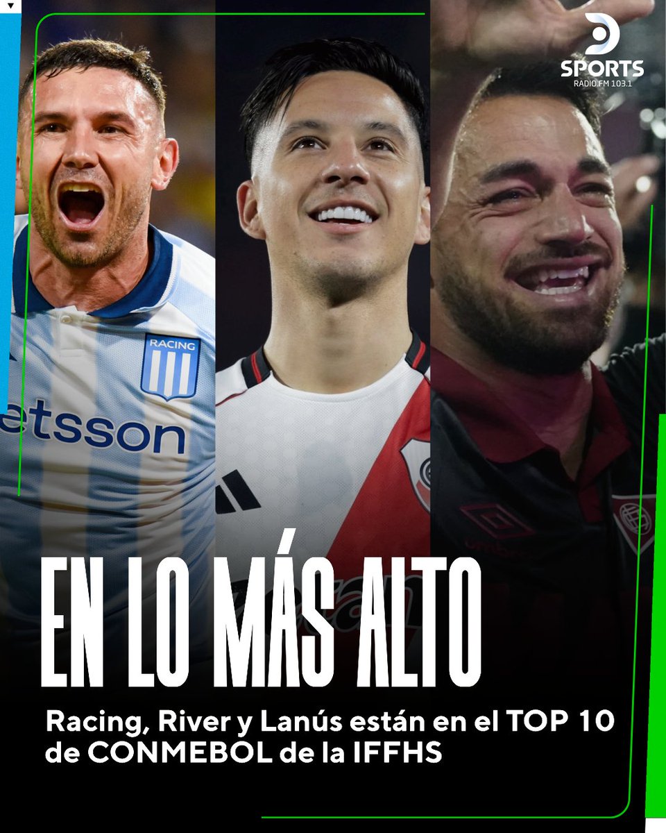 DSportsRadio's tweet photo. RACING, RIVER Y LANÚS EN LO MÁS ALTO DEL RANKING CONMEBOL👏

1) 🇧🇷 Flamengo
2) 🇧🇷 Palmeiras
3) 🇧🇷 Fluminense
4) 🇧🇷 Botafogo
5) 🇦🇷 La Academia
6) 🇨🇴 Atlético Nacional
7) 🇪🇨 Liga de Quito
8) 🇧🇷 Atlético Mineiro
9) 🇦🇷 El Millonario
10) 🇦🇷 El Granate

ℹ️: IFFHS