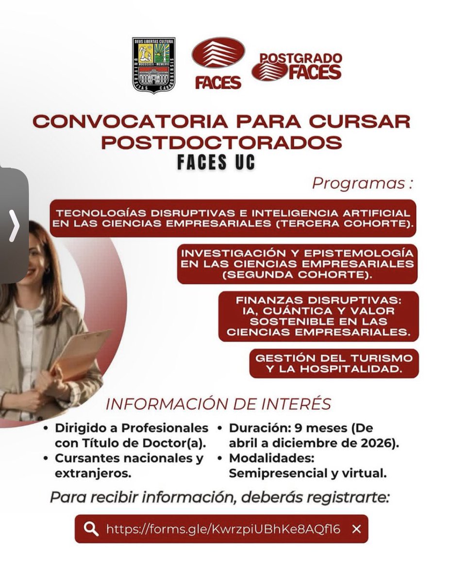 La Facultad de Ciencias Económicas y Sociales de la Universidad de Carabobo, una de las más importantes de #Venezuela oferta postdoctorados en áreas clave para la generación de conocimiento con pertinencia a nivel mundial. Bimodal. Información detallada en forms.gle/KwrzpiUBhKe8AQ…