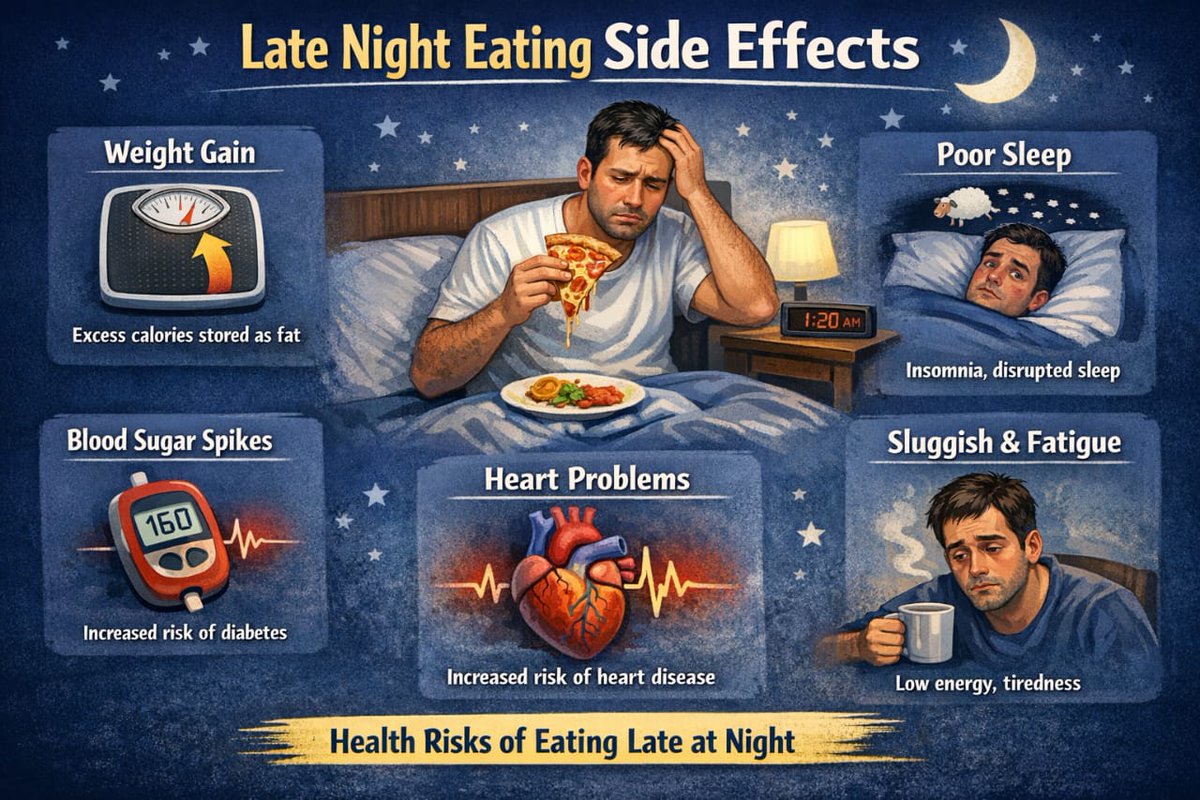 MYVOICE_111's tweet image. Late night snacking can bite you back! 🍕💤 Eating heavy meals before bed leads to weight gain, blood sugar spikes, heart trouble, poor sleep &amp;amp; fatigue. Keep your nights light for better health #LateNightEating #HealthRisks #WeightGain #HeartHealth #Nutrition #Wellness #EatSmart