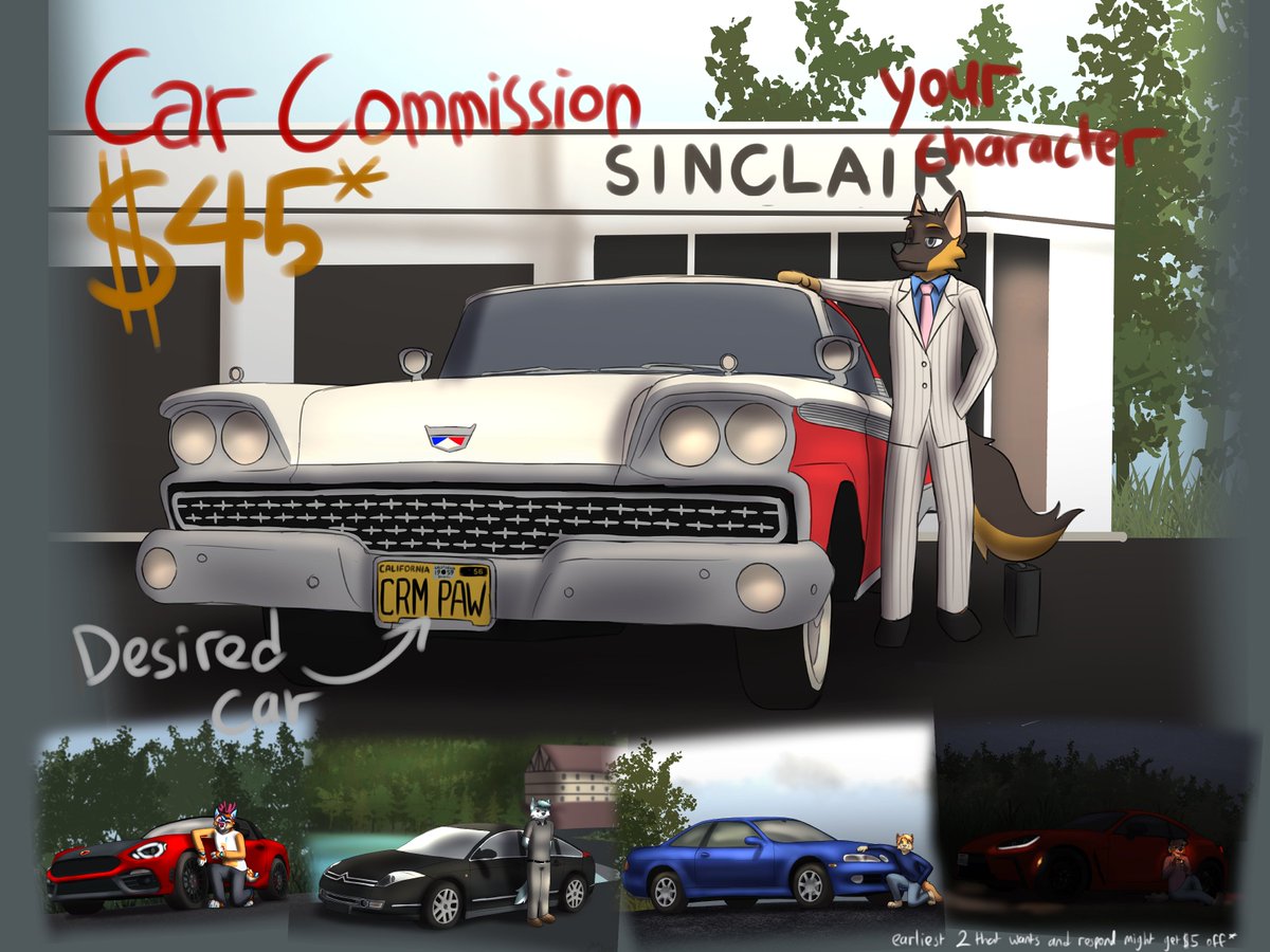 Hey, now i opened slots for car commission again!  

Any species, any car or vehicle, any pose 
More can be discussed!        

DM me if you're interested :D

also for holiday special, the first 2 who is interested, and directly responded as i answer will get $5 off :3