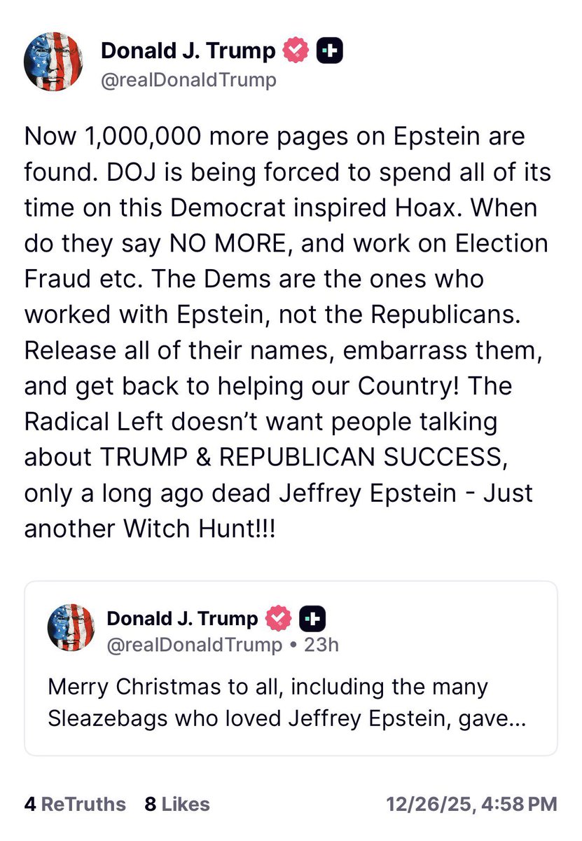 We’ve been thinking about this post. Why does Trump want to shift government resources away from exposing the network of the most notorious pedophile of our time to investigating non-existent widespread election fraud? 

Our message to MAGA: the answer is obvious.