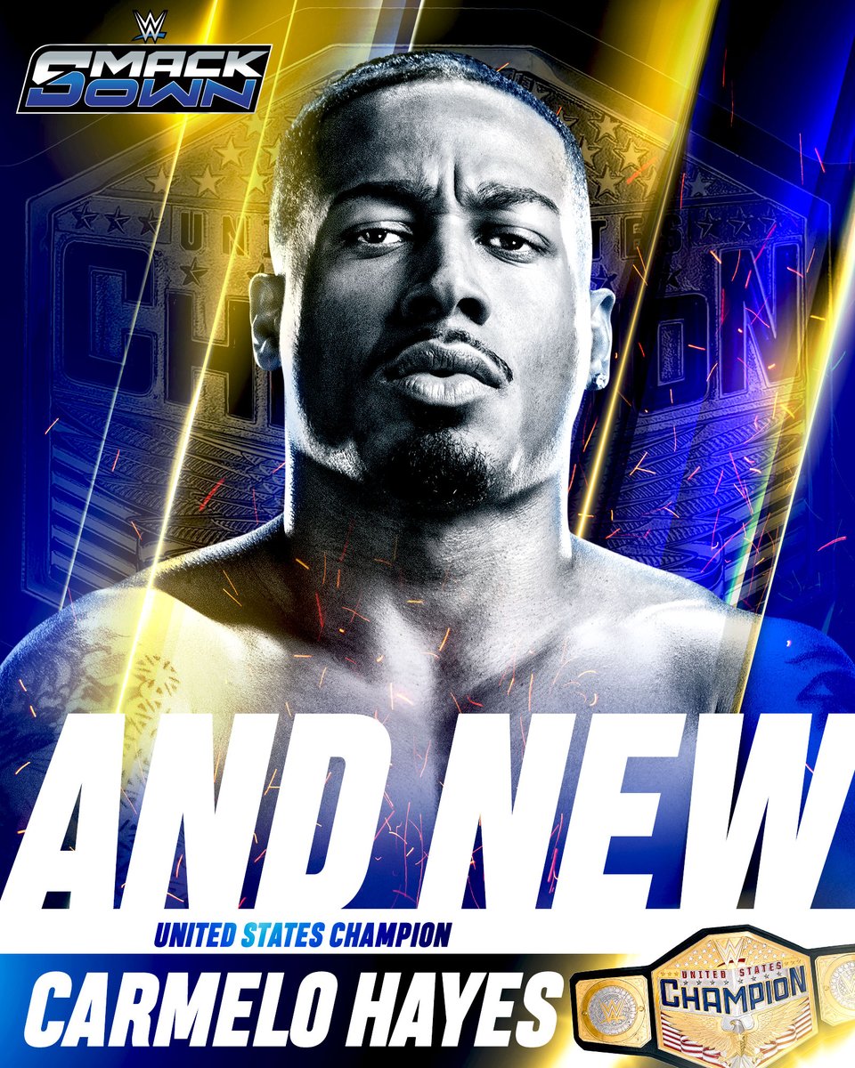 WWE's tweet image. AND NEW! 

@Carmelo_WWE is your NEW United States Champion! 🏆🔥