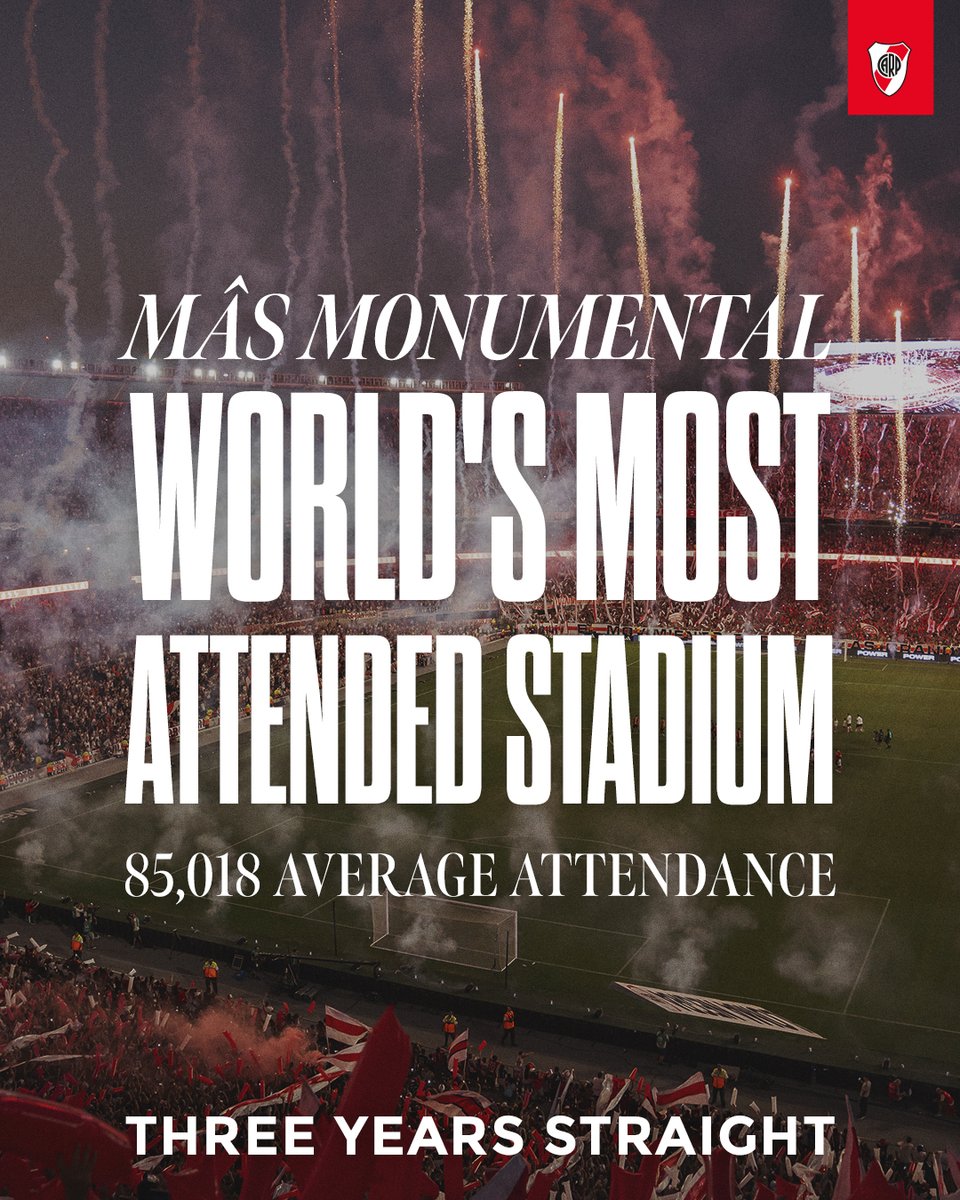 GlobalCARP's tweet image. Nobody does it like us 🤍❤️🤍

🔝 For the third year in a row, River Plate leads the global attendance rankings.

🏟️ The Mâs Monumental, home to the world's biggest passion.