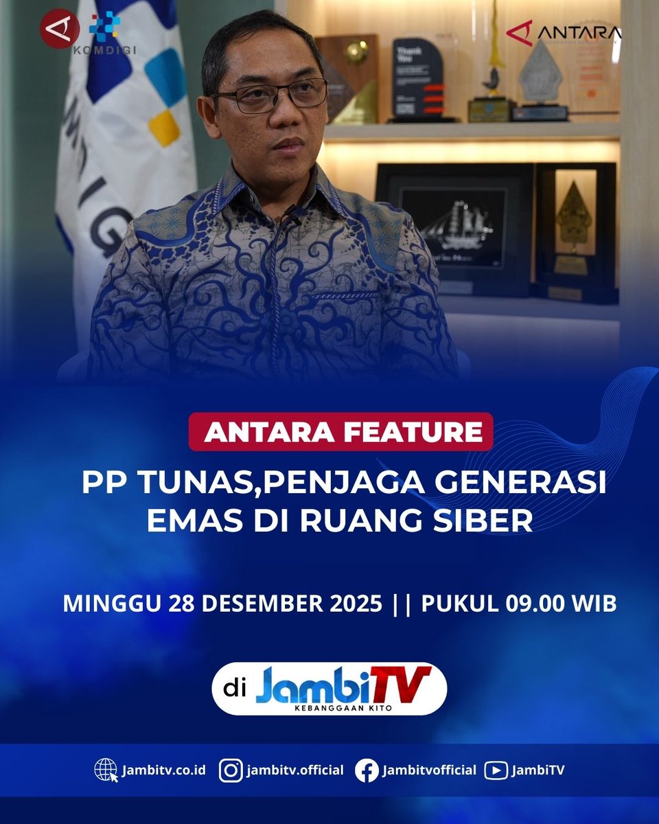 Jambitvplus's tweet photo. Saksikan “PP Tunas, Penjaga Generasi Emas di Ruang Siber”, mengulas peran penting perlindungan anak dan generasi muda di tengah tantangan dunia digital.

🗓 Minggu, 28 Desember 2025
⏰ Pukul 09.00 WIB
📡 JambiTV
💻 Streaming: https://t.co/NZisHLMMB3 https://t.co/WFsqA8fEHK