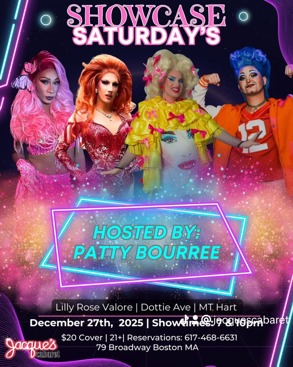 Don't miss out! Only a few reservations left. Call (617) 468-6631 ASAP to secure your spot. The show features the incredibly talented Patty Bourree, Lily Rose Velour, MT Hart, and returning star Dottie Ave. We're thrilled to have her back at Jacques!

#dragshow #jacquescabaret