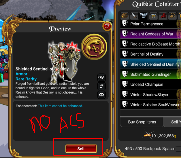 Datenshi6699's tweet photo. ⚠️ WARNING QUIBBLE SHOP BUG ⚠️

I’ve confirmed this with several friends
Sentinel of Destiny set is BUGGED
If you sell it, you'll NOT receive your ACs back
To be safe, do NOT buy any newly added Quibble shop items yet, especially Sentinel of Destiny items, until this is fixed 😅 https://t.co/tBtUTGW1OI