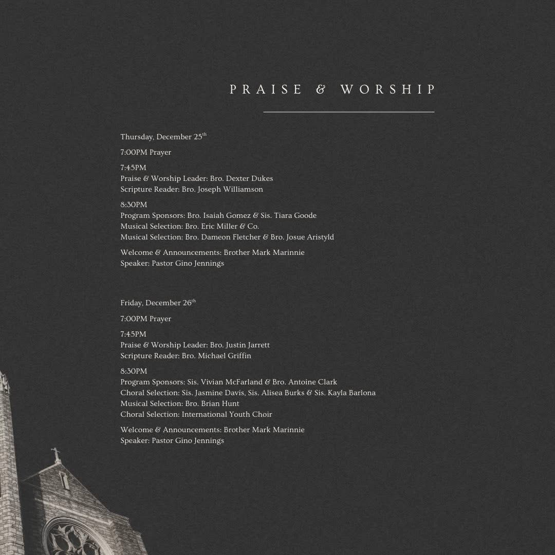 Celebrating the 37th Men’s &amp; 39th Women’s Holy Convocation at the End of Year Services. Please review the program and plan accordingly! ✨

The FULL program is viewable: linktr.ee/firstchurchncc

 #firstchurchofourlordjesuschrist #truthofgod #ginojennings #pastorginojennings
