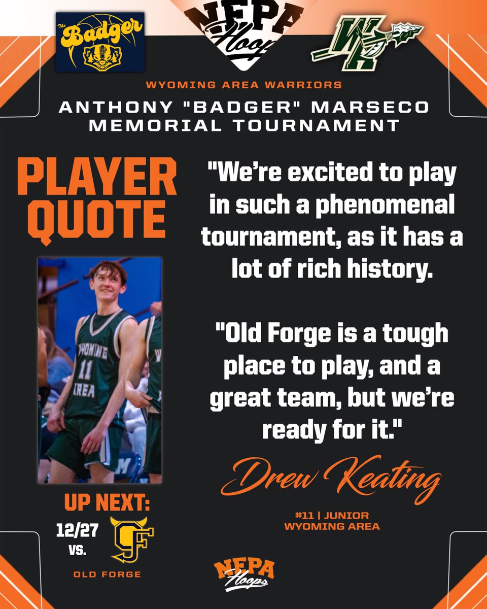 NEPAHoops's tweet photo. 7-0 Wyoming Area On The Hunt 🟢🟡

The Warriors enter the Anthony “Badger” Marseco Memorial Tournament undefeated and confident, embracing the challenge that comes with one of the region’s most respected holiday events.

@WyomingAreaAthl head coach Anthony Macario emphasized the importance of the Badger’s tradition and the opportunity to test his group in a tough road environment against Old Forge. Through the early stretch, the Warriors have leaned on connected team play, steady improvement, and strong leadership.

Juniors Luke Kopetchny and Drew Keating — both key contributors on the football field as well — have helped set the tone with energy, leadership, and consistency as Wyoming Area prepares for another high-level test against the defending PIAA 2A state quarterfinalists.

Up Next:
🗓️ 12/27 vs. Old Forge
@ Old Forge Jr/Sr HS

#NEPAhoops 🏀 @LukeKopetchny1 @DrewKeating11 @AMacario09 @PAcoachP @WyomingAreaFB