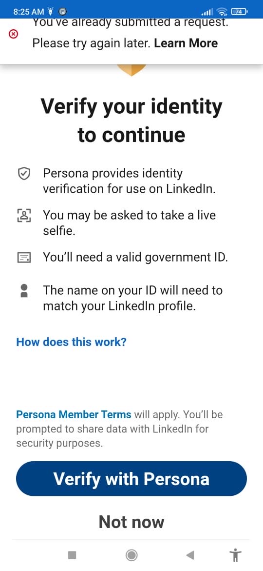 MerajRehbar's tweet photo. @LinkedIn @LinkedInHelp
My identity verification has been stuck for 1+ year. Persona never resets so I can’t verify or access key features.
Reset my verification status today so I can verify again. https://t.co/A6uH4q6n8I