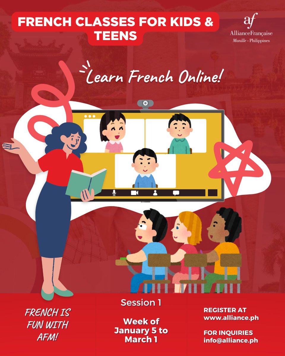 AFManille's tweet image. 📢  Session 1 classes for kids and teens start on the week of January 5. 

 bit.ly/KidsTweensTeens

Kids onsite starts at PHP 2,950
Teens online starts at PHP 3,800

 #LearnFrenchwithAFM #FrenchClasses #Frenchlanguage #Kids #Teens #Tweens