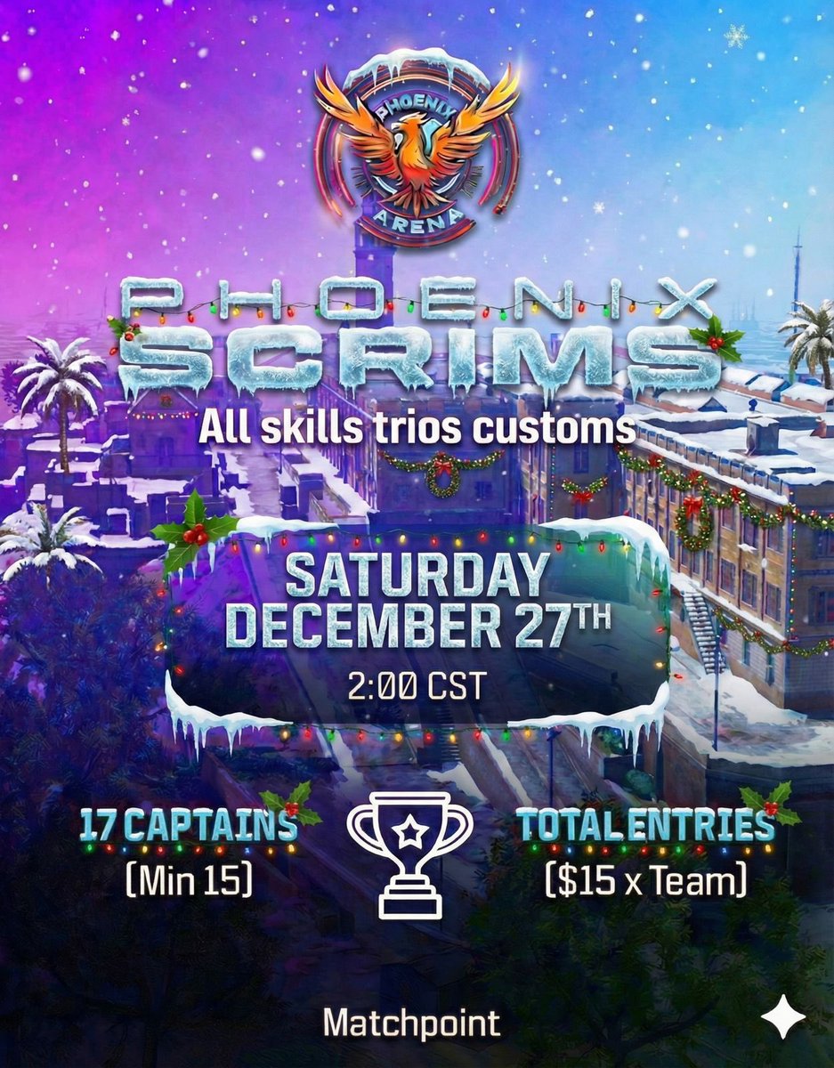 🔥🐦‍🔥 Phoenix Havens Hallow All skills 🐦‍🔥🔥 
 
📆: Saturday December 27th 2:00 Cst 
🎟: 17 teams 
🌎: NAC 
💰: $15 per team 
📈: 150 MP 

Admin: <a href="/kimsi__/">PHNX kimsi</a>