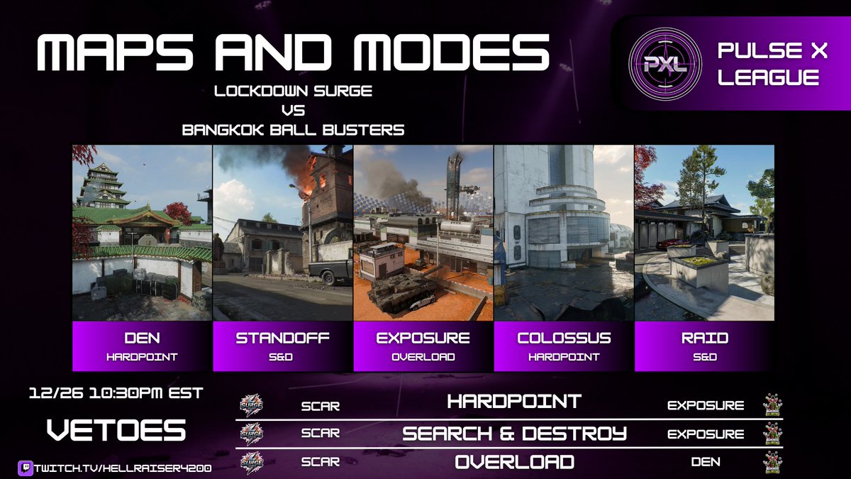 We have our first matchup of Major 2 Pool Play starting tonight at 10:30pm est!

🤹‍♂️Bangkok Ball Busters🤹‍♂️ vs ⚡️Lockdown Surge⚡️

twitch.tv/hellraiser4200

(Join our discord for more info!)
discord.gg/pulsexleague