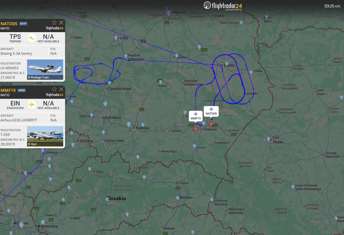 PolishMilRadar's tweet photo. 📅27.12 🕘04:26LT - ✈️ Sojusznicze lotnictwo aktywne nad Polską
W strefie przy granicy z Ukrainą zameldował się tankowiec ✈️ #MMF19 Airbus A330-243MRTT Multinational Multi-Role Tanker Transport Fleet (MMF), który wystartował z bazy w Eindhoven #EHEH w Holandii 🇳🇱. Za chwilę rozpocznie się kolejne tej nocy tankowanie AWACSa #NATO05.
🔗https://t.co/sMkxIa9kuc
#POLMILRADAR