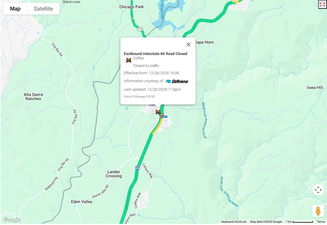 CaltransDist3's tweet image. #TrafficAlert #RoadClosure: EB I-80 at Colfax under hard closure due to multiple spin-outs and crashes. CHP indicates, until all disabled vehicles are clear, the road will be open. Slow speeds, extra space, and patience go a long way in keeping the freeway open. #Quickmap