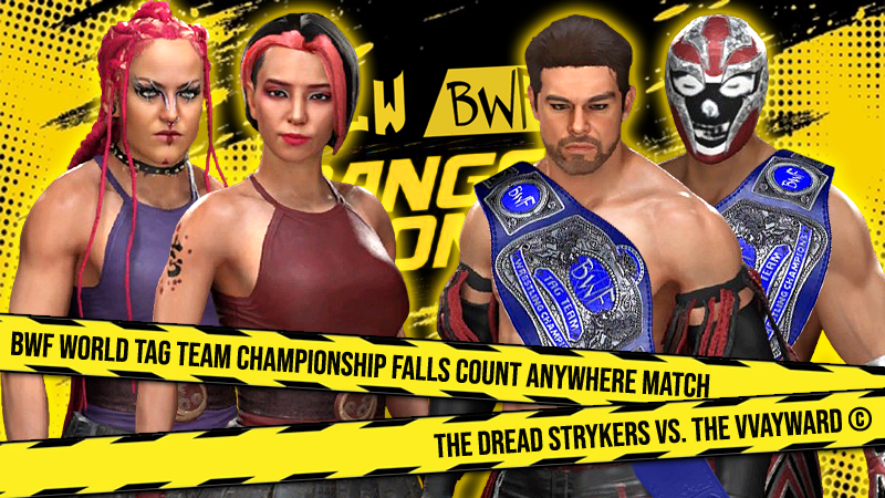 Limitless_LW's tweet photo. The BWF World Tag Team Titles will be on the line at #DangerZone - and Falls Count Anywhere! Mayhem will run wild as #LadyAzemi and #CrotaTheBold of The Dread Strykers attempt to finally win their first set of Tag Titles against dominant Champions @DerrickVayden and @CGTheVth! https://t.co/w8qRygbD3w