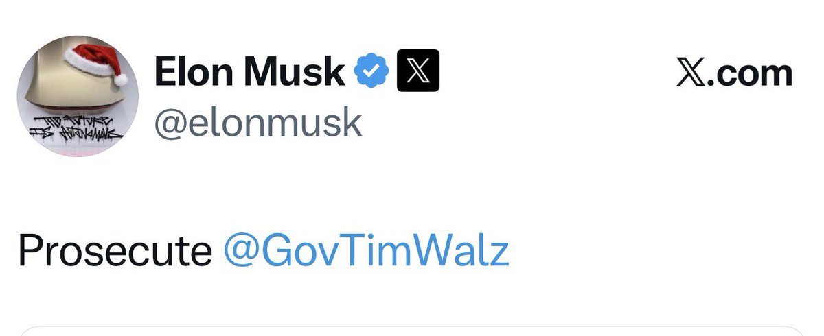 🚨Elon Musk just posted “Prosecute <a href="/GovTimWalz/">Governor Tim Walz</a>”

Corrupt politicians must be prosecuted or nothing changes!