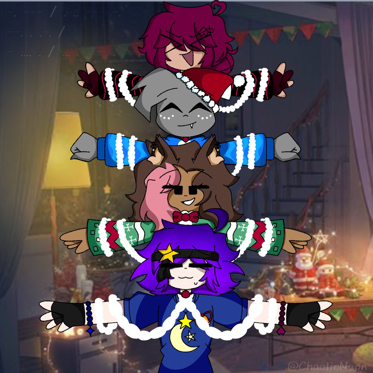 ✨️Christmas with the crew, part 2!✨️
"Tree posing!"

💚For a fun picture, Starzee, Val, Shark and Bonnie decides to form a tree!💚